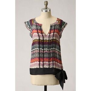 Anthropologie ODILLE Silk Ruffle Pleated Print Blouse Top Banded Hem Size 0